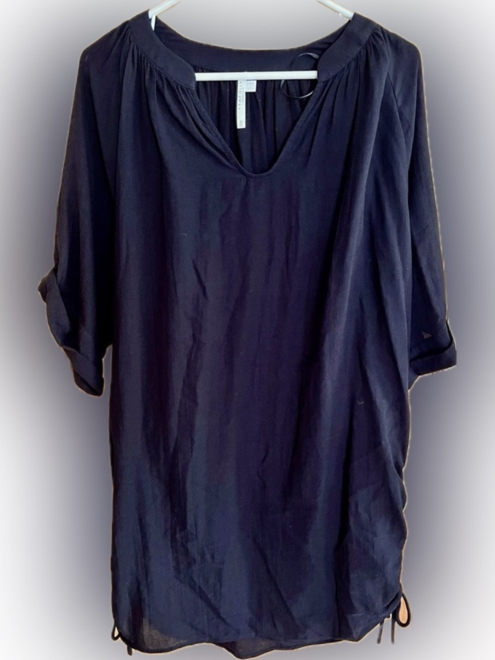 Seafolly Australia Black Crinkle Cotton Tunic Dress Beach Coverup Ruched Size M